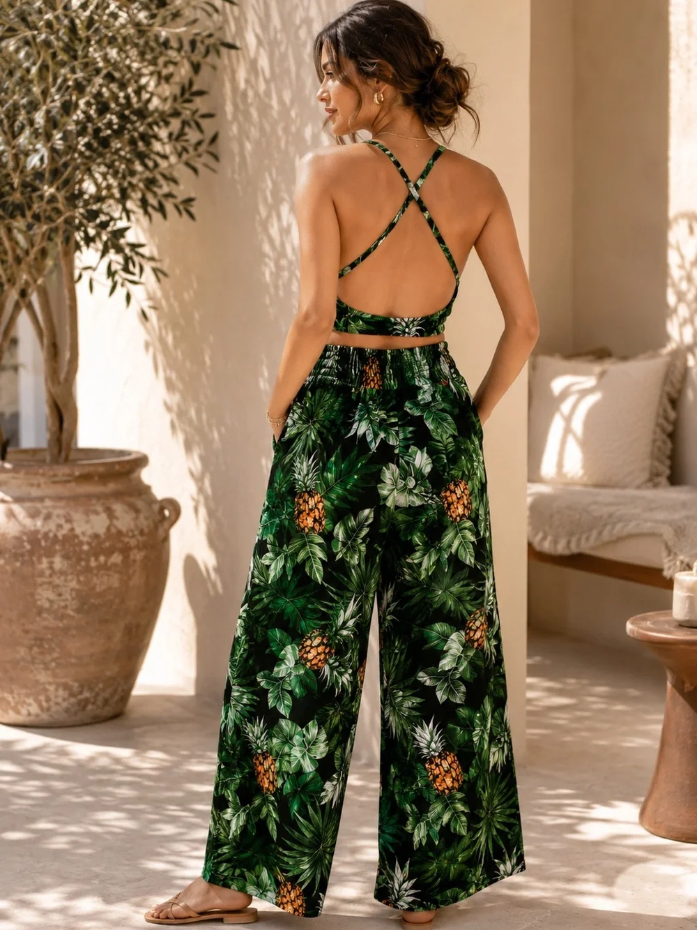 NWT Tropical Pineapple Print Crop Top Wide Leg Pants Set Resort Size L
